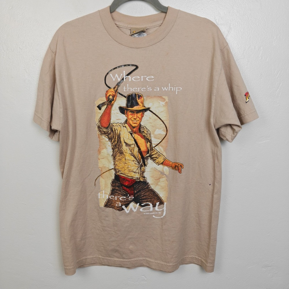 Y2K Indiana Jones T-Shirt Medium Tan Whip Graphic Movie Promo Adventure